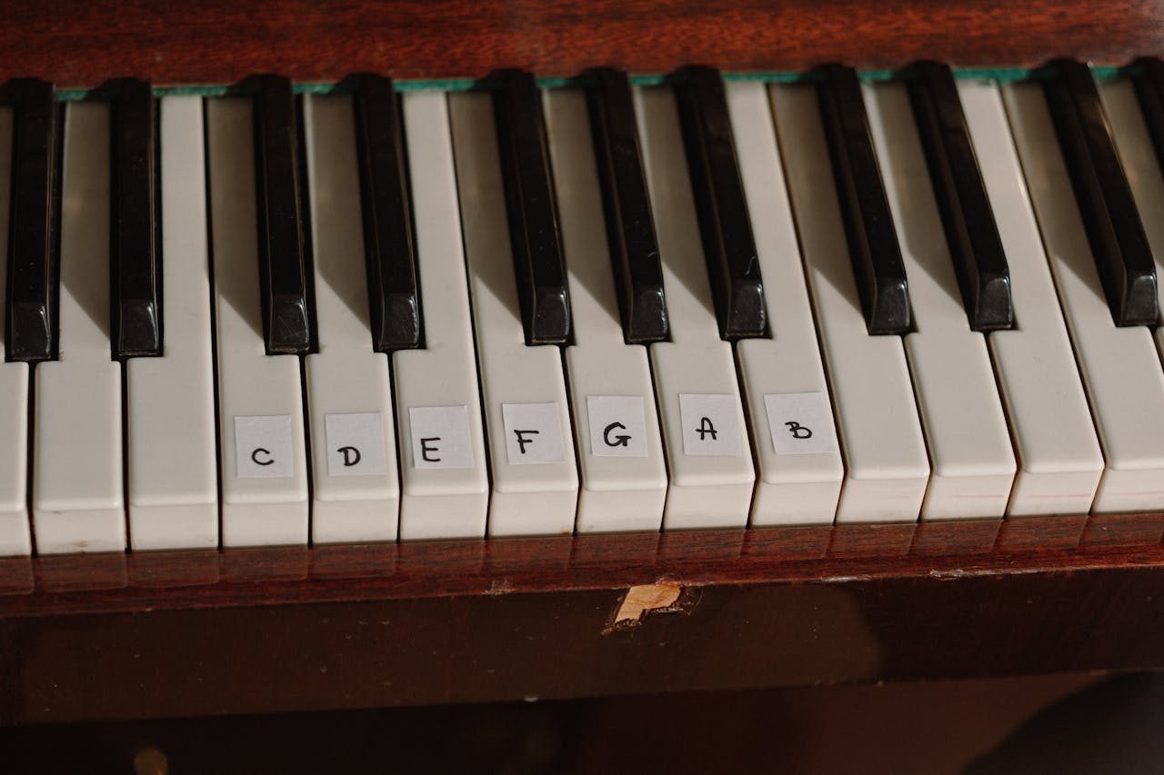 About Detailed view of piano keys labeled with musical notes for educational purposes.